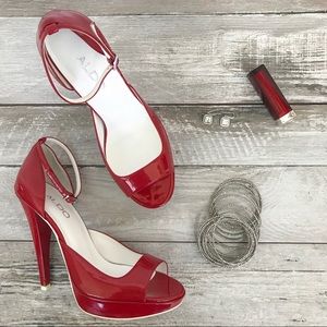 Aldo red patent leather open toe platform heels